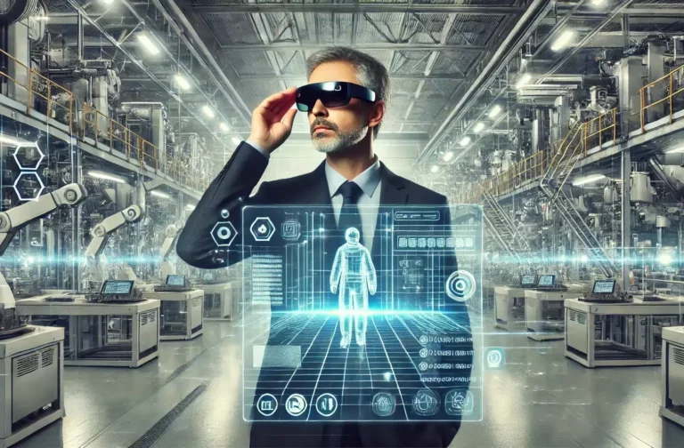 Stockfoto Mann der sich in einer Automatisierten Fabrik steht. Er hat eine AUGmented-Reality Brille und ein virtuelles Dashboard vor sich.