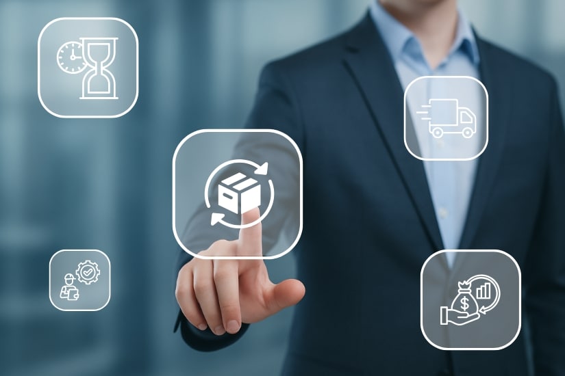 QUANTO-Solutions_Blogbeitrag-Retourenabwicklung (Bild von einem Mann der auf eine virtuelle Übersicht einer Retourenabwicklung klickt)