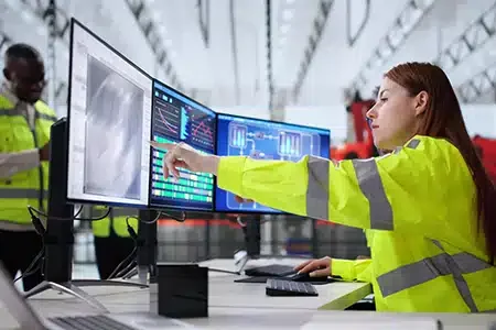 Stockbild von einer Frau die gekleidet in Neon Arbeitskleidung auf einem Monitoring/Tracking Bildschirm zeigt