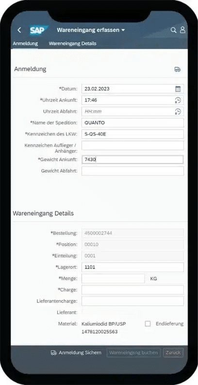 Bild von der Smartphone Ansicht von dem Programm QUANTO Mobile Logistics von QUANTO Solutions